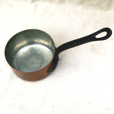 Small vintage French copper saucepan with brass handle, 100mm diameter