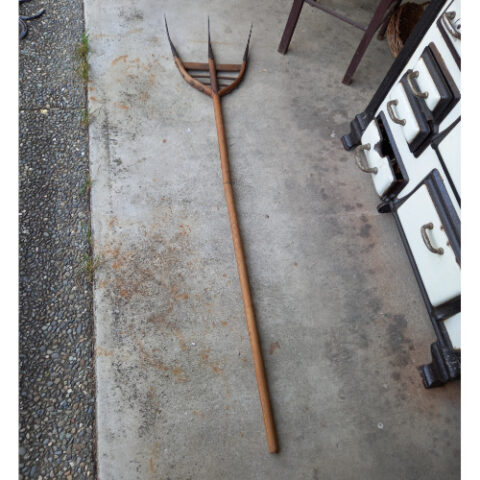 Metal hay pitchfork with long wooden handle for lifting hay and garden materials