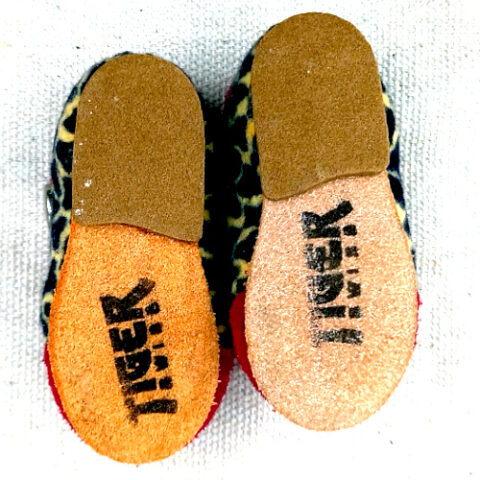 Swiss Tiger Finkli doll shoes featuring traditional design and soft fabric construction for dolls or collectible display