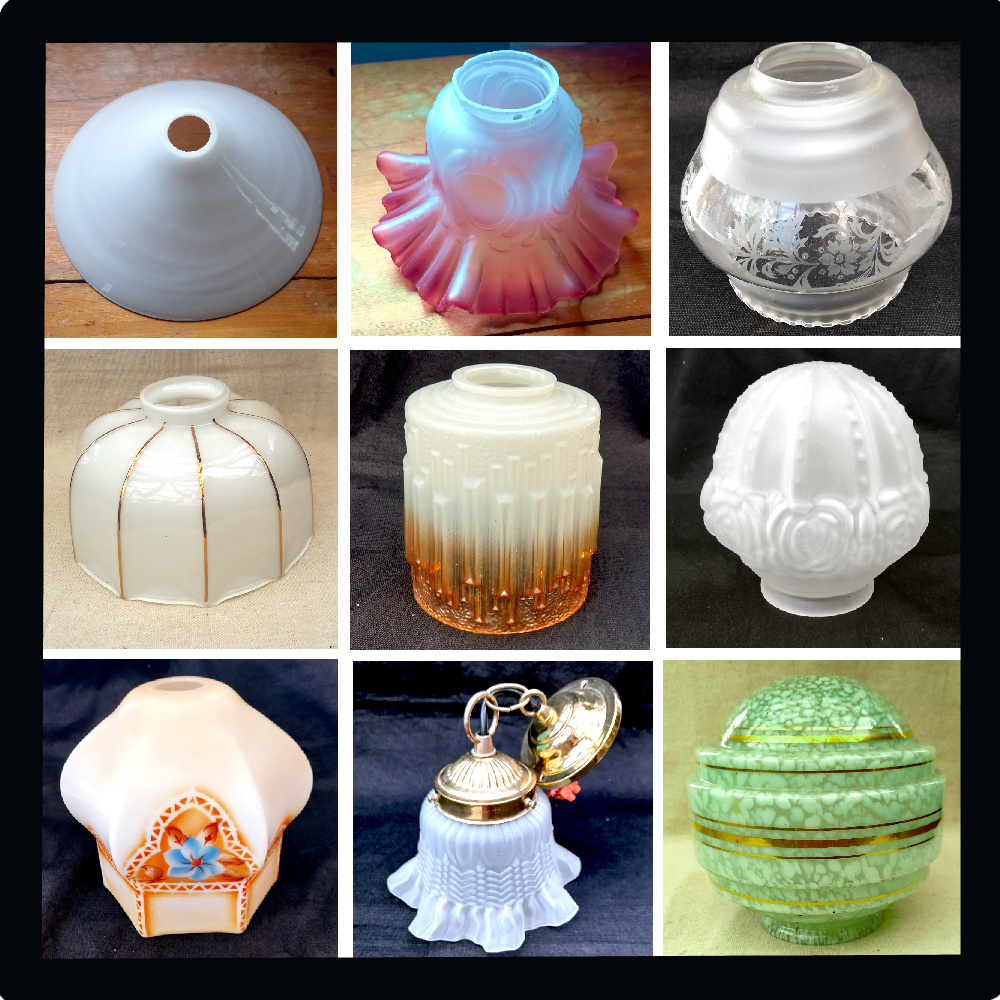 Assorted lamp shades in various shapes, fabrics, and finishes for home lighting