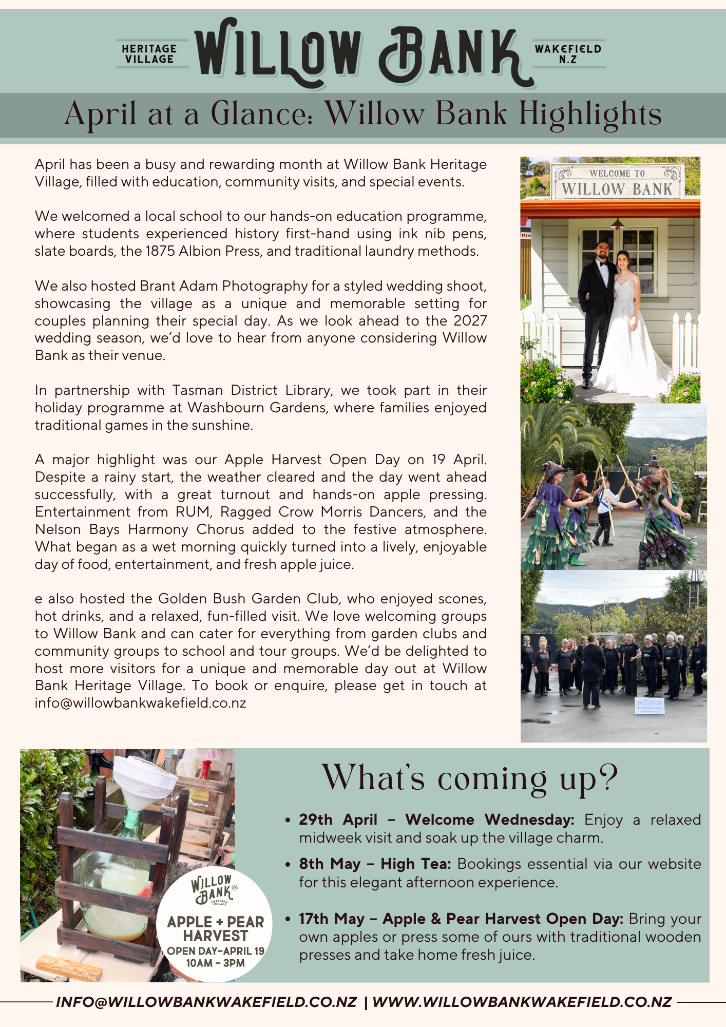 April at a Glance newsletter for Willow Bank Heritage Village highlighting April 2026 activities and events