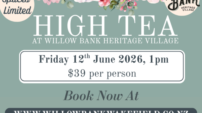 Guests enjoying a traditional High Tea at Willow Bank Heritage Village on 12 June 2026 with elegant vintage table settings, tea, sweet treats, and savoury delights.