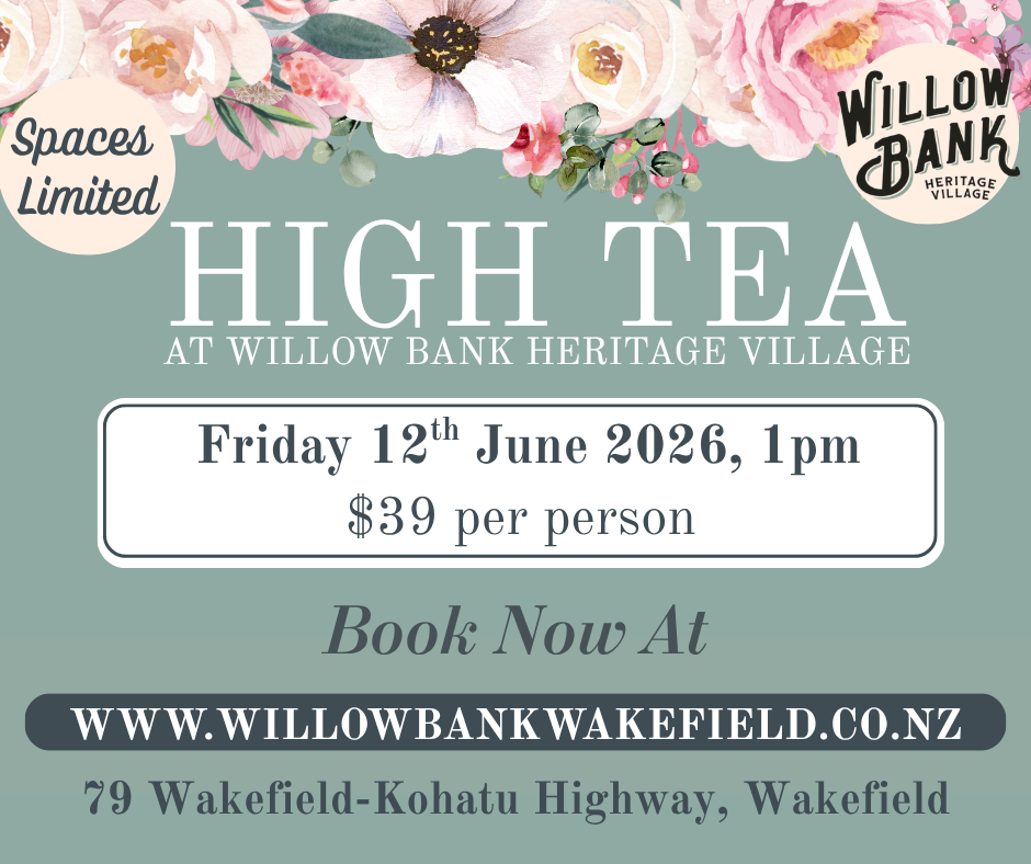 Guests enjoying a traditional High Tea at Willow Bank Heritage Village on 12 June 2026 with elegant vintage table settings, tea, sweet treats, and savoury delights.