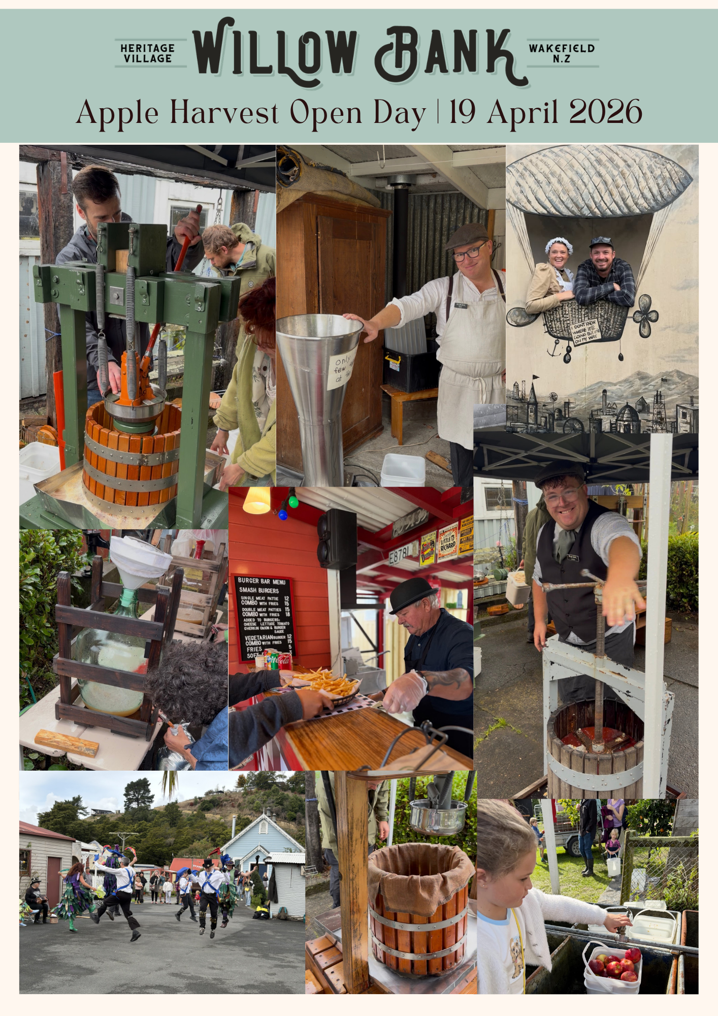 Photos from April activities at Willow Bank Heritage Village including school visits, Albion Press printing, and heritage experiences