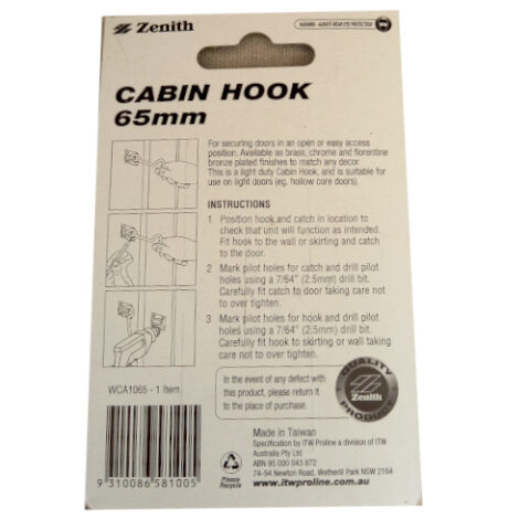 65mm polished brass cabin hook by Zenith for securing doors and windows