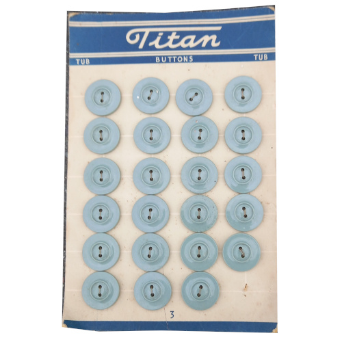 Pack of 23 vintage style 22mm grey titan buttons displayed on card for sewing and craft use