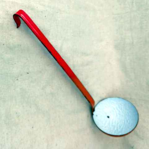 Vintage orange enamel ladle with 100mm diameter and retro enamel finish