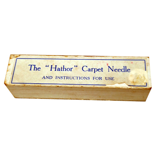 Rare vintage HATHOR Carpet Needle, collectible rug-making and sewing tool with classic haberdashery design.