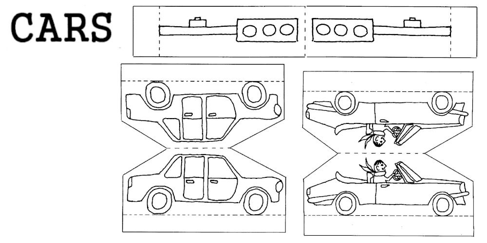 Printable car colouring sheet with cut-out parts that can be coloured, assembled, and folded into a standing display model.