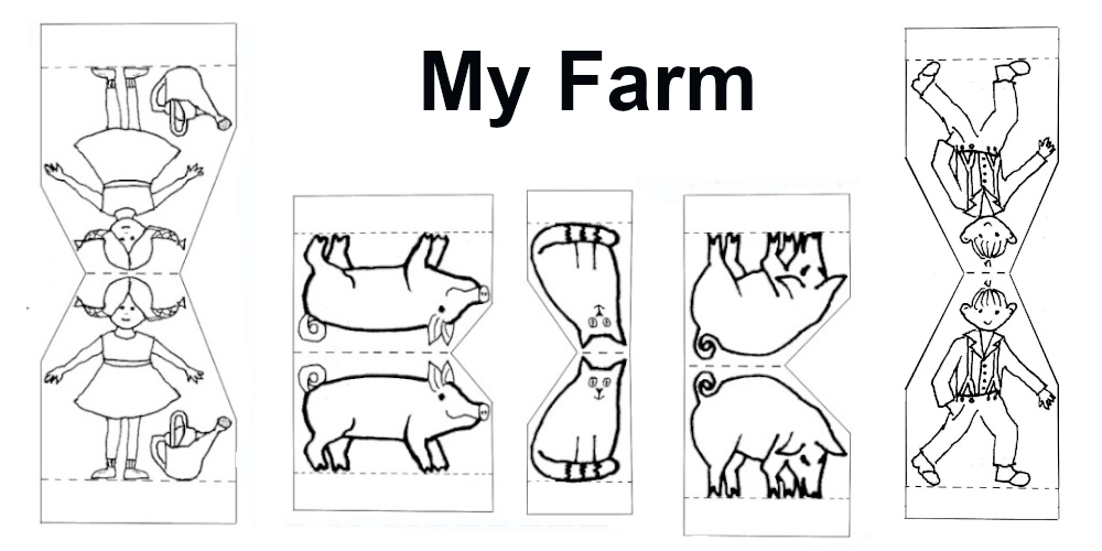 Printable farm animal colouring craft with cut-out animals that can be coloured, assembled, and folded to stand upright.