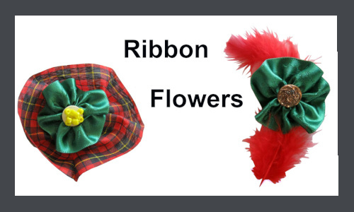 DIY ribbon flower craft showing handmade ribbon flowers used as brooch, hair accessory, and decoration.
