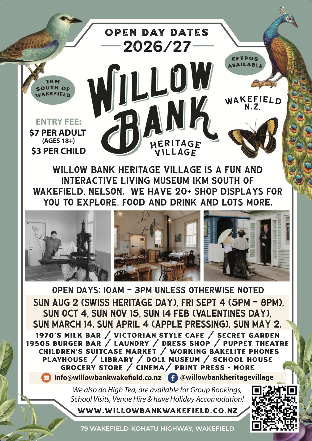 Poster showing Willow Bank Heritage Village Open Day dates for 2026 and 2027.