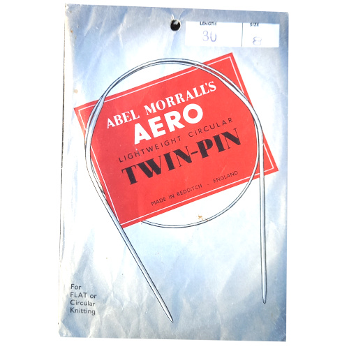 Vintage Abel Morrall’s Aero 4mm twin-pin circular knitting needles in original package with instruction brochure.