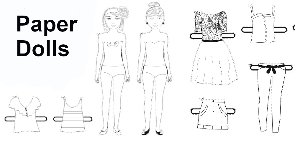 Printable paper dolls with cut-out clothing to colour, dress up and play with at home.