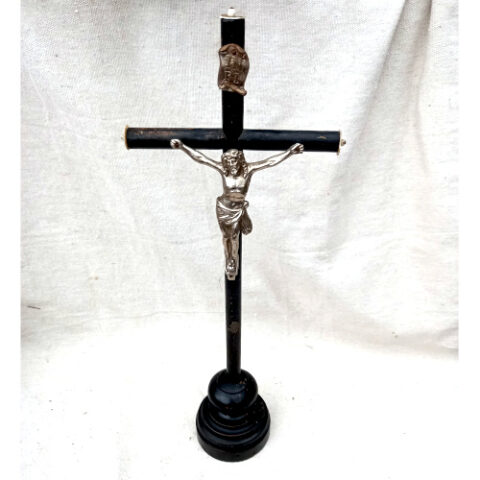 French Turned Wood Freestanding Crucifix with Metal Jesus (SANT-036)