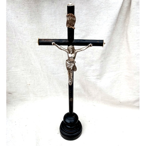 French turned wood freestanding crucifix with metal Jesus figure and decorative turned base