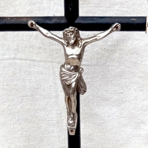 French turned wood freestanding crucifix with metal Jesus figure and decorative turned base
