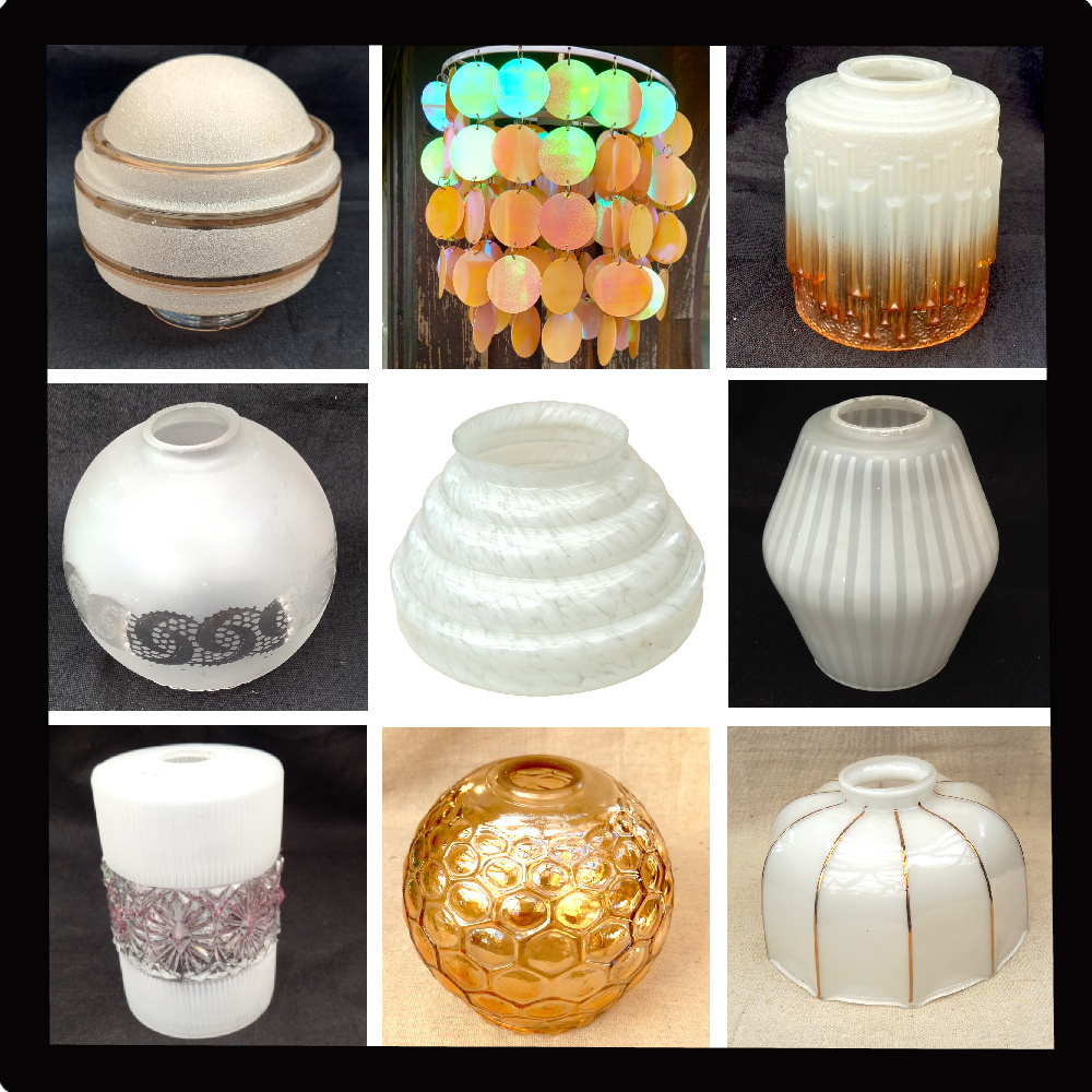 Vintage Art Deco and retro lamp shades in unique shapes, colours and designs.
