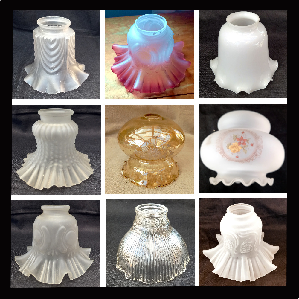 Vintage bell and tulip lamp shades in elegant glass designs.