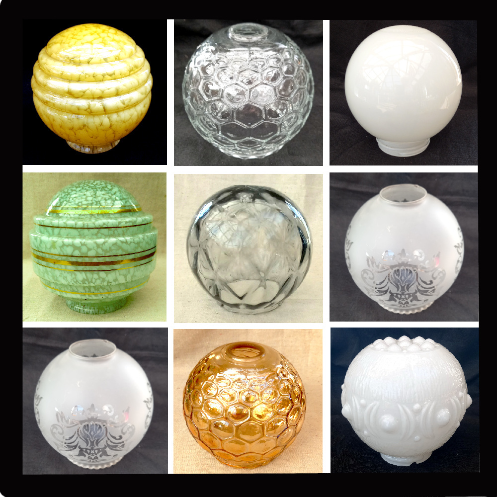Authentic vintage globe lamp shades in glass and decorative styles.