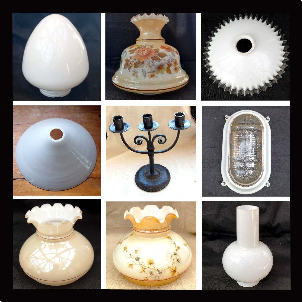 Assorted vintage lamp shades for table lamps, floor lamps and ceiling lights.