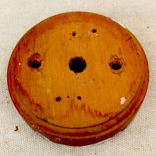 Vintage 88mm round wooden mounting block for electrical fittings