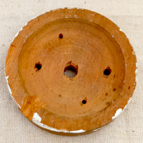 Vintage 88mm round wooden mounting block for electrical fittings