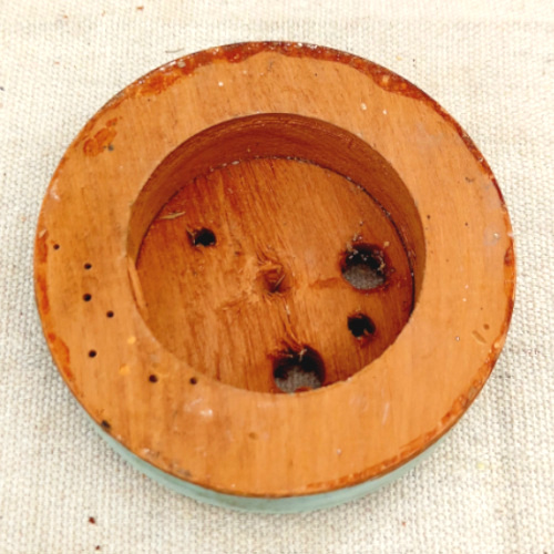 Vintage 82mm round wooden mounting block for electrical fittings