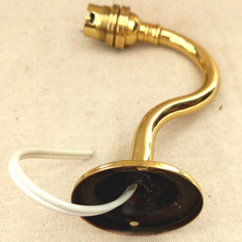 Brass wall mount swan neck lamp holder with B22 bulb socket in polished brass finish.