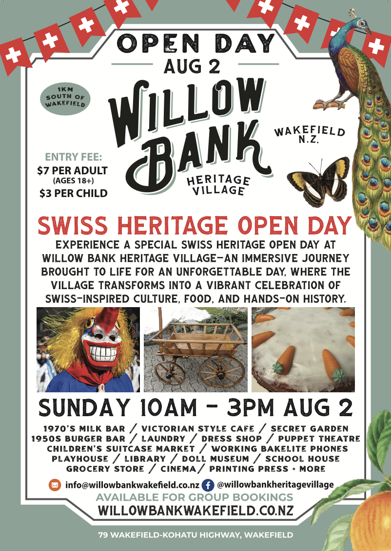 Swiss Heritage Open Day poster for Sunday 2 August at Willow Bank Heritage Village with Swiss cultural activities and family fun.