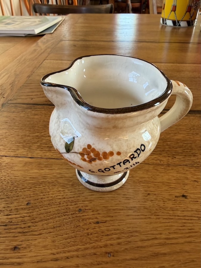 Traditional Swiss boccalino ceramic wine jug from Ticino
