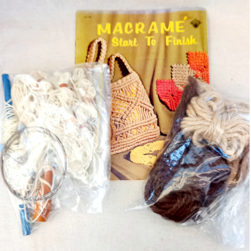 Vintage macrame kit with instruction book and original craft materials