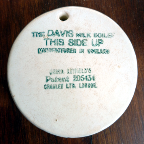 Davis Milk Boiler ceramic by Gradley with Patent No. 205434 England