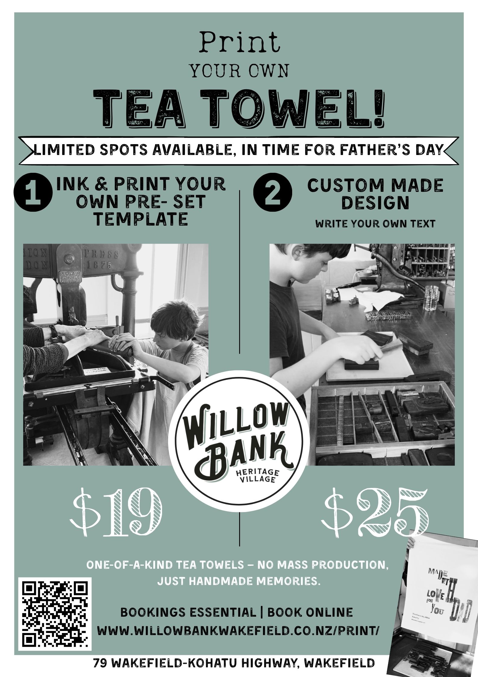 Father’s Day tea towel printing at Willow Bank Heritage Village, offering personalised tea towels printed using the 1875 Albion Press.