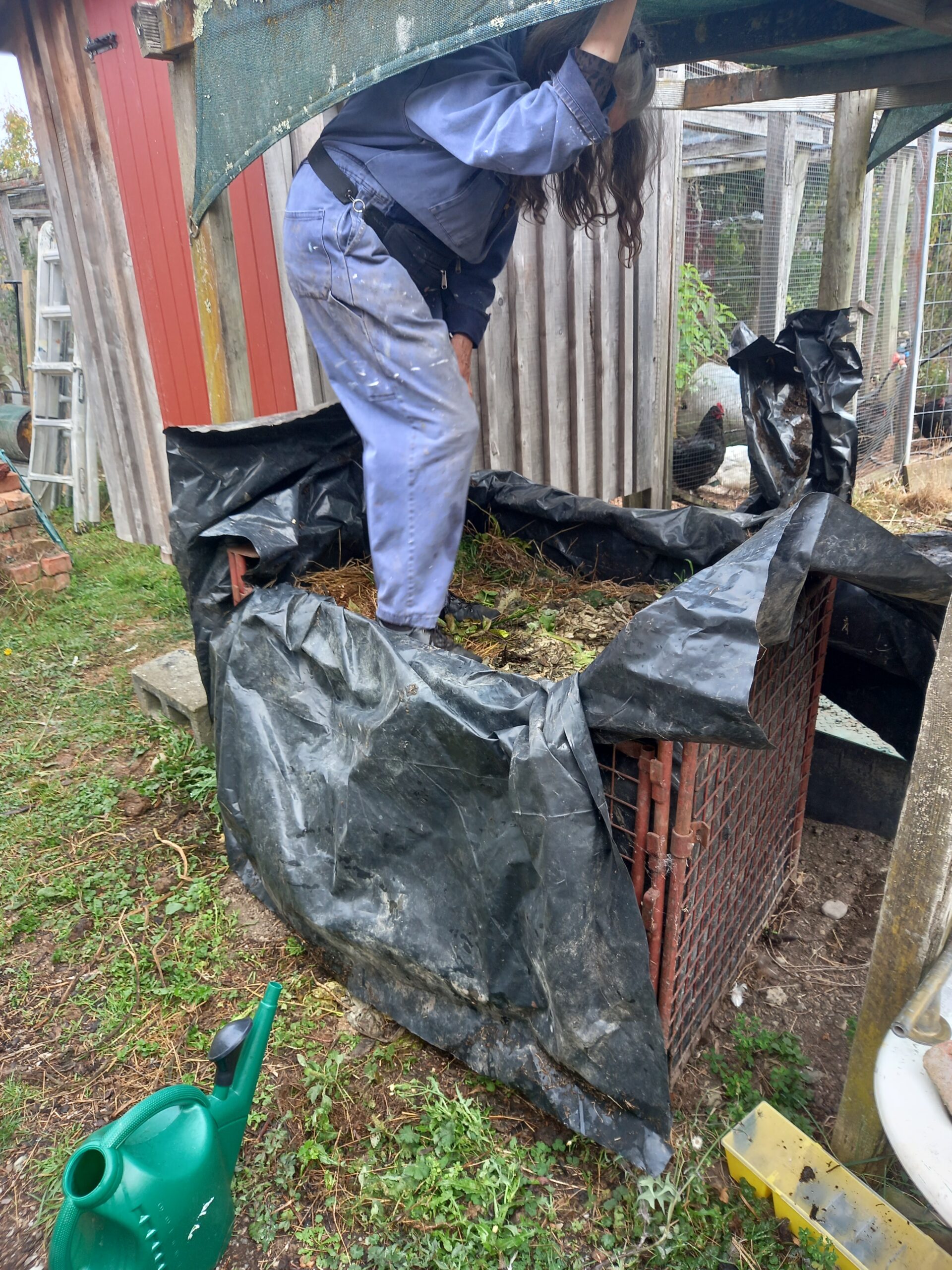 Plastic-lined fermentation bin for composting garden waste and invasive weeds