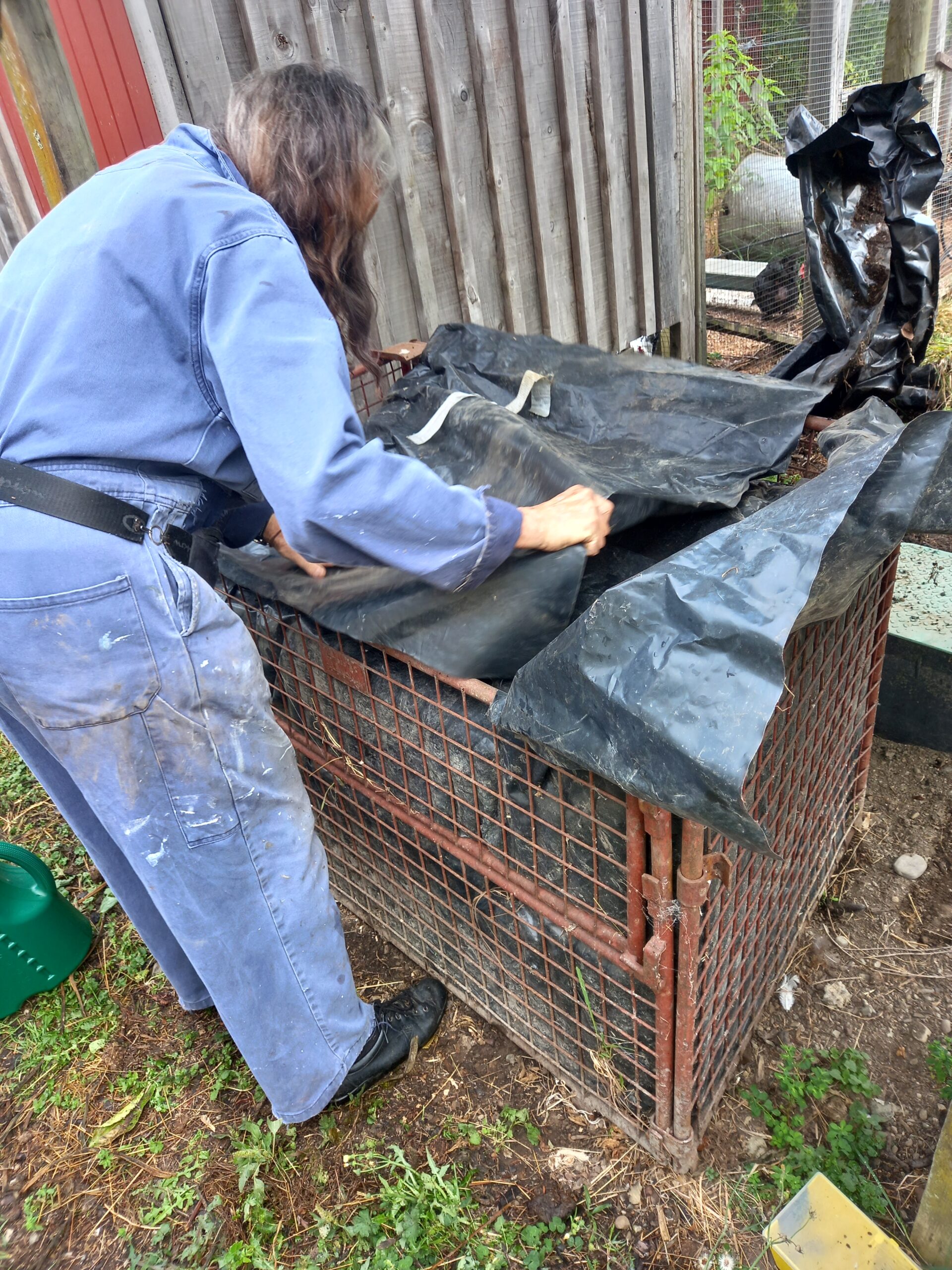 Plastic-lined fermentation bin for composting garden waste and invasive weeds