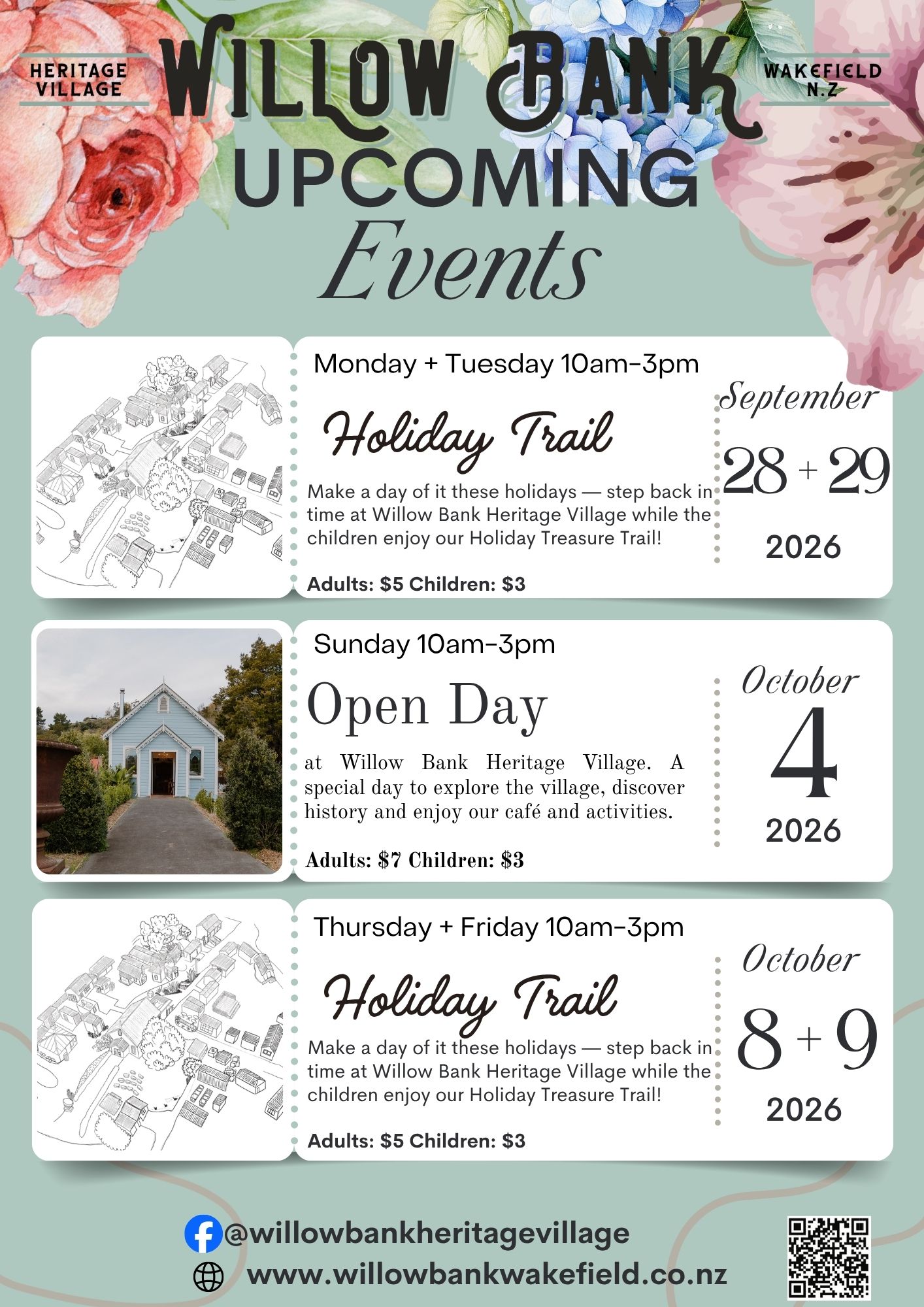 Willow Bank Heritage Village upcoming events poster featuring Holiday Trail on 28 and 29 September, Open Day on 4 October, and Holiday Trail on 8 and 9 October.