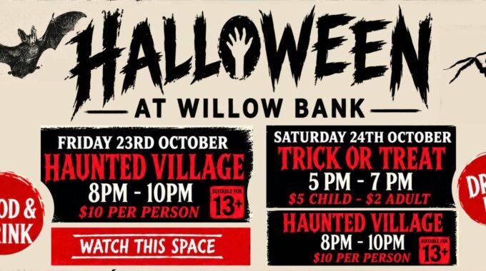 Halloween at Willow Bank Heritage Village, with the historic village decorated with spooky decorations and visitors enjoying a fun, atmospheric day out.