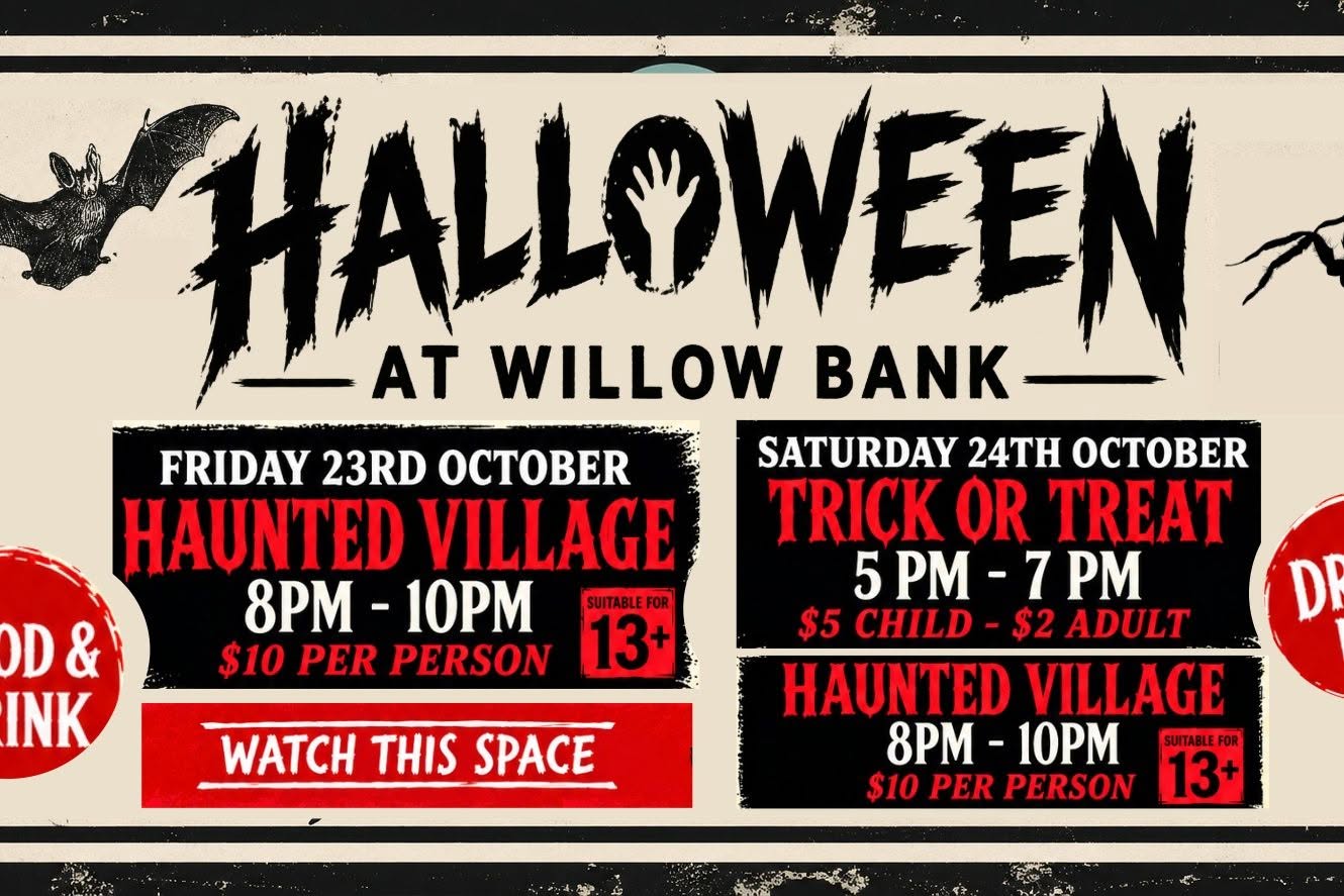 Halloween at Willow Bank Heritage Village, with the historic village decorated with spooky decorations and visitors enjoying a fun, atmospheric day out.