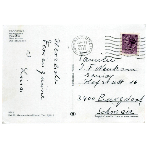 Vintage Riccione Italy postcard Mareggiata No. 9743 with 1970 stamp