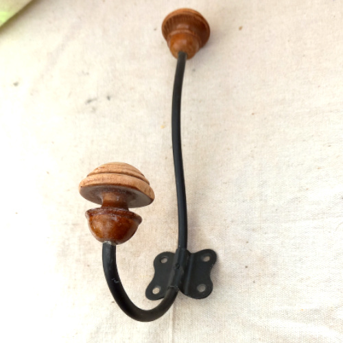 Vintage wooden and black metal hat and coat hook