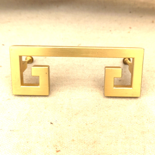 Greek key geometric brass cabinet handle with 95mm center-to-center mounting and two screws