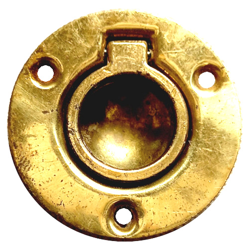 Vintage brass ring pull handle with 44mm diameter round mounting plate