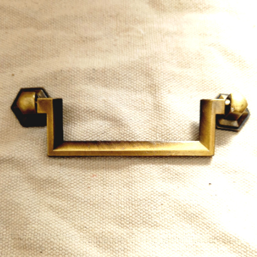 Vintage brass U-shaped pull handle with 98mm centre-to-centre spacing and squared profile