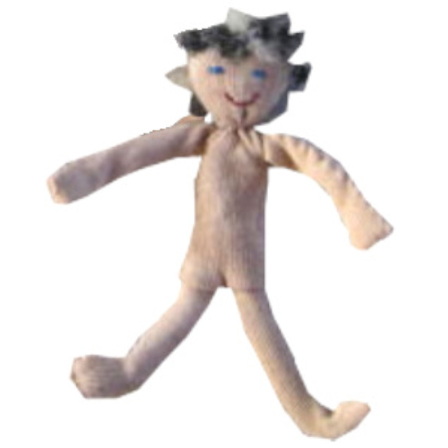 Handmade fabric doll with a stuffed head and body, pipe cleaner arms and legs, and fabric clothes