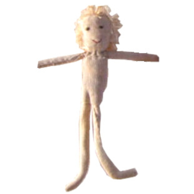 Handmade fabric doll with a stuffed head and body, pipe cleaner arms and legs, and fabric clothes