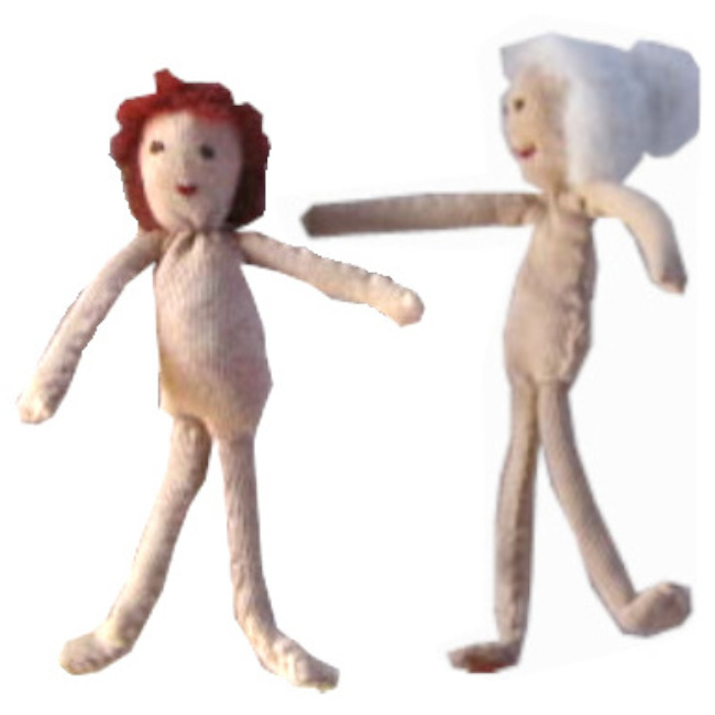 Handmade fabric doll with a stuffed head and body, pipe cleaner arms and legs, and fabric clothes