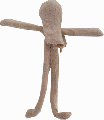 Handmade fabric doll with a stuffed head and body, pipe cleaner arms and legs, and fabric clothes