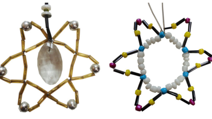 Handmade six-pointed bead star made with round beads, tube beads and wire