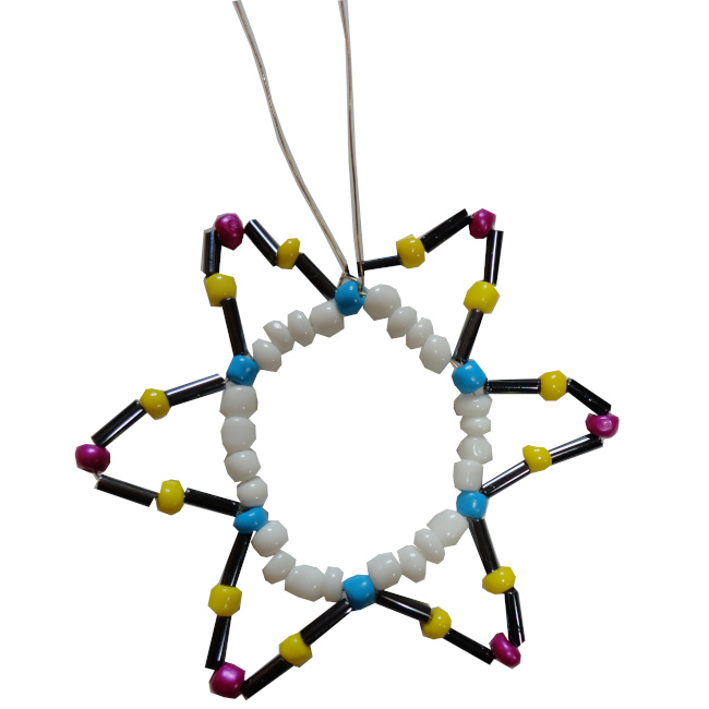 Handmade six-pointed bead star made with round beads, tube beads and wire